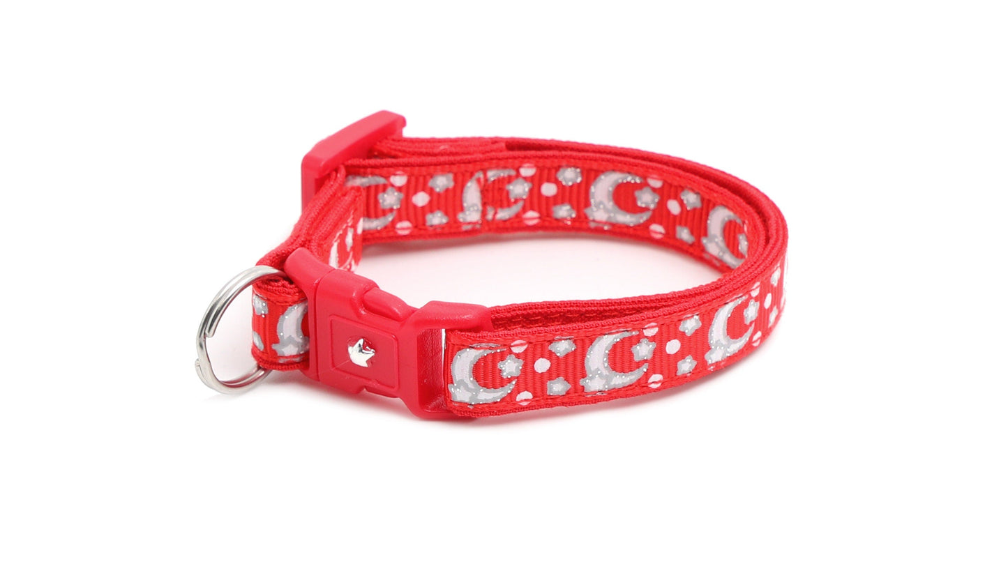 Silver Moons and Stars on Bright Red Cat Collar-8