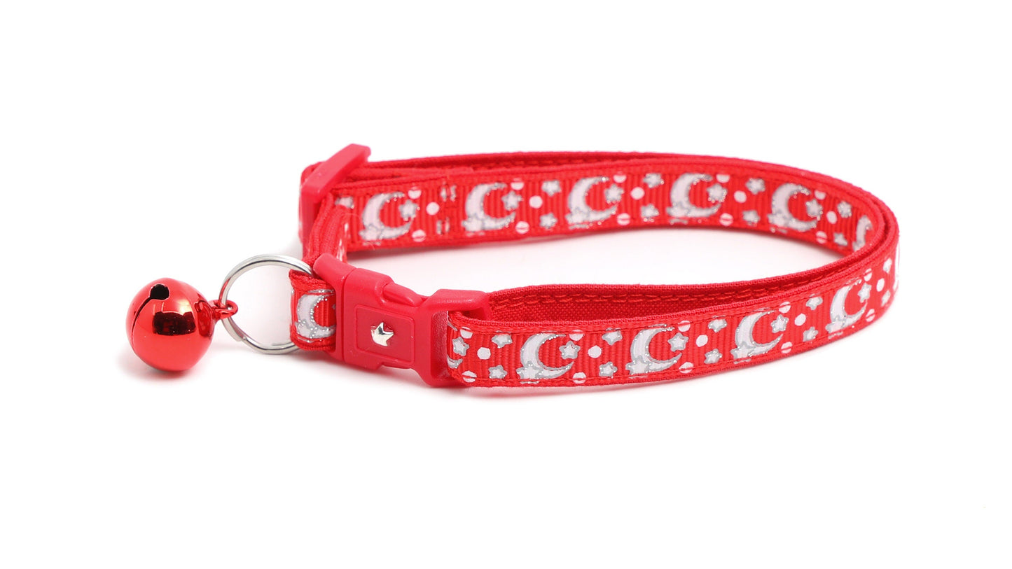 Silver Moons and Stars on Bright Red Cat Collar-3