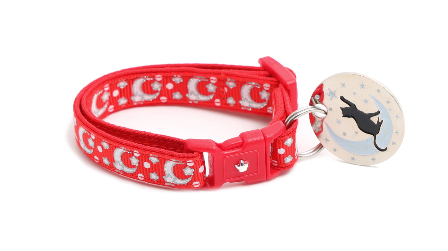 Silver Moons and Stars on Bright Red Cat Collar-1