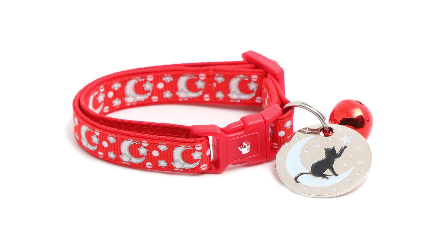 Silver Moons and Stars on Bright Red Cat Collar-5