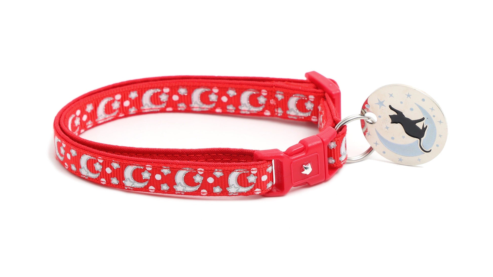 Silver Moons and Stars on Bright Red Cat Collar-4