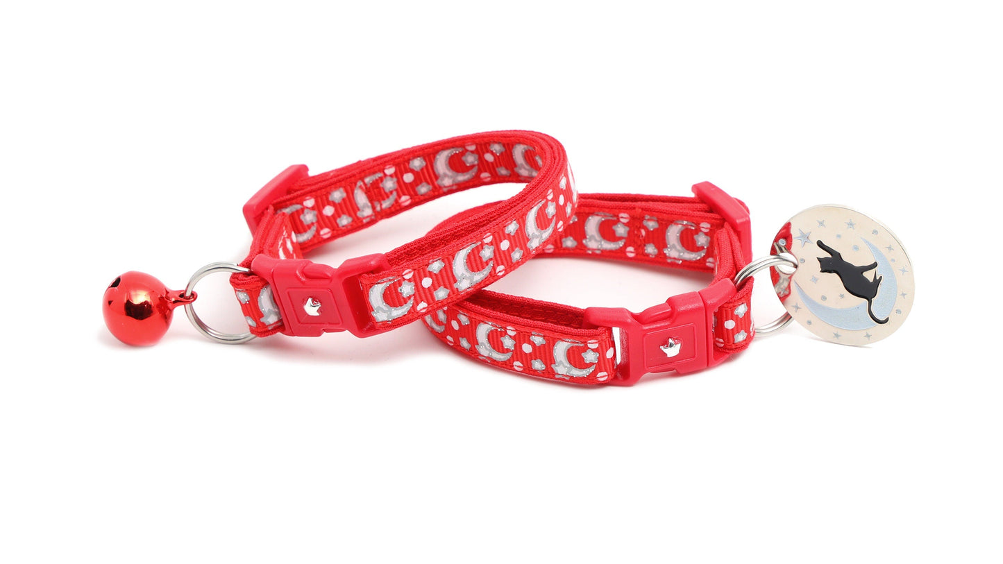 Silver Moons and Stars on Bright Red Cat Collar-2